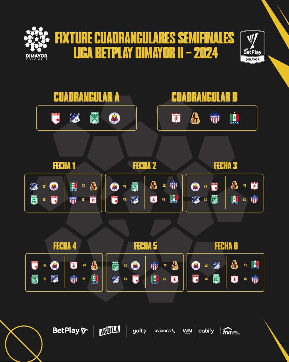 Dimayor's tweet photo. ¡Este es el 𝗙𝗜𝗫𝗧𝗨𝗥𝗘 de los Cuadrangulares Semifinales de la #LigaBetPlayDIMAYOR II-2024! 📝

¡Vamos con todo! ⚽️🔥

#LaPasiónDeMillones https://t.co/O9ZXzSWS42