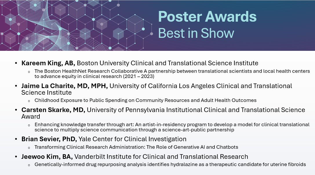 CCOS (CTSA Program) (@ccos_ctsa) on Twitter photo We are happy to announce the #2024FallCTSAMtg Poster Best in Show winners! Congratulations to Kareem King <a href="/BU_CTSI/">BU Clinical and Translational Science Institute</a>, Jaime La Charite <a href="/UCLA_CTSI/">UCLA Clinical and Translational Science Institute</a>, Carsten Skarke <a href="/UPENN_ITMAT/">ITMAT</a>, Brian Sevier <a href="/yalediscovers/">YaleClinicalResearch</a> CCI, and Jeewoo Kim <a href="/VUMCHealth/">Vanderbilt Health</a> VICTR #CTSAProgram We are happy to announce the #2024FallCTSAMtg Poster Best in Show winners! Congratulations to Kareem King <a href="/BU_CTSI/">BU Clinical and Translational Science Institute</a>, Jaime La Charite <a href="/UCLA_CTSI/">UCLA Clinical and Translational Science Institute</a>, Carsten Skarke <a href="/UPENN_ITMAT/">ITMAT</a>, Brian Sevier <a href="/yalediscovers/">YaleClinicalResearch</a> CCI, and Jeewoo Kim <a href="/VUMCHealth/">Vanderbilt Health</a> VICTR #CTSAProgram