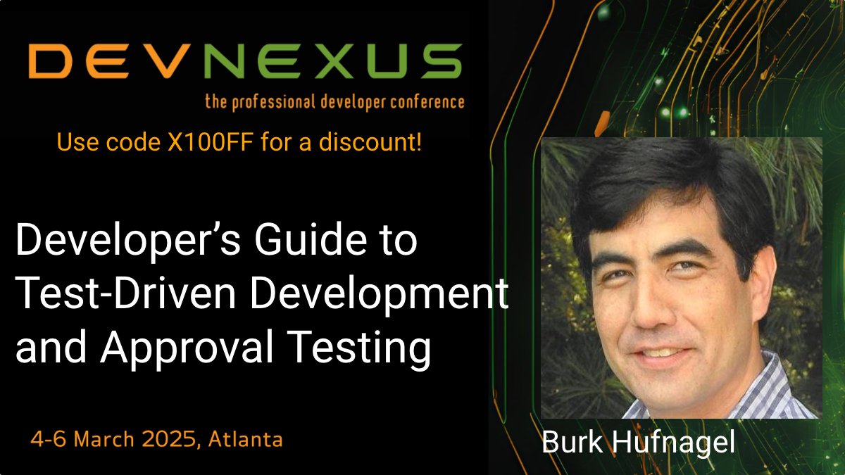 Don't miss seeing <a href="/BurkHufnagel/">Burk Hufnagel</a>'s session at next years Devnexus, to learn about Test-Driven Development, Approval Testing, and how using them can help you deliver better code in less time 💥

devnexus.com/presentations/…

Get tickets now 🎟️ devnexus.com
X100OFF-discount 👀