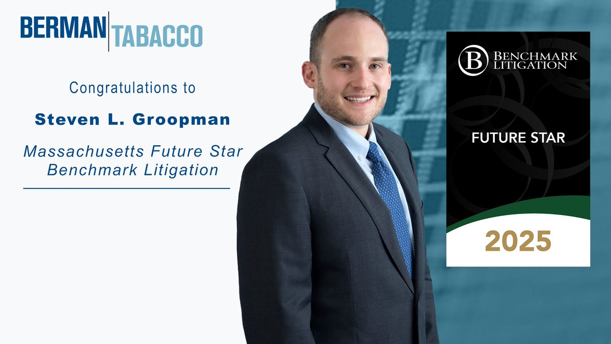 BermanTabacco's tweet image. Congratulations to Boston partner #StevenGroopman, who was ranked by @BenchLitigation in its 2025 US edition. bermantabacco.com/news/for-9th-c… #securitieslitigation #antitrustlitigation #financialfraud
