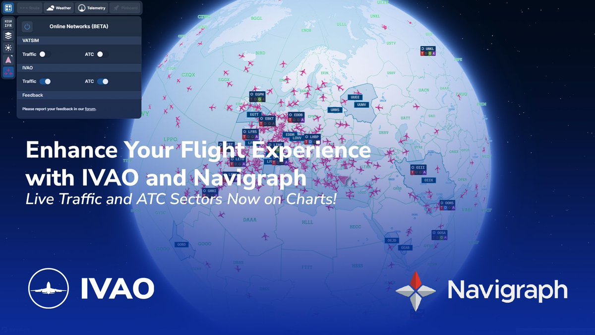 ivaoaero's tweet photo. We are so happy to announce that live traffic from IVAO is now available to view directly in the Navigraph Charts app along with a wealth of other experience-heightening features! 

- Real-time Traffic Visualization 
- ATC Sector Information 
- Expanded Airport Data

Update Now! https://t.co/H6xSq1ngx8