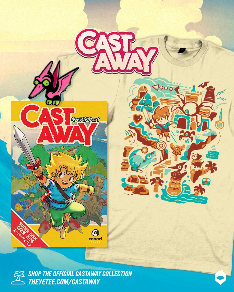 theyetee's tweet image. Set sail for adventure... and new merch from the debut of our official Cast Away collection! Gear up for the voyage ahead with a new tee, pin, and vintage style poster featuring art from the game! Available now for pre-order: theyetee.com/castaway