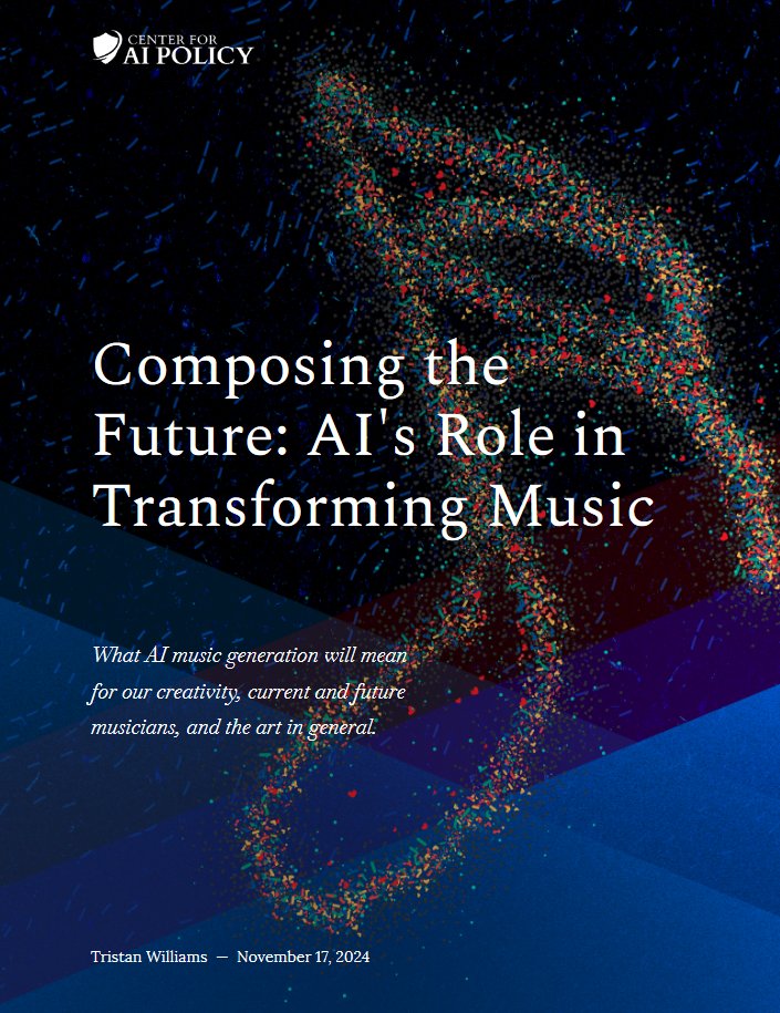 aipolicyus's tweet photo. Music is one of the basic elements of the human experience. It’s one of our most celebrated art forms, deeply woven into the fabric of our society. But we now stand on the precipice of potentially the biggest transformation music has seen: a change from human creation to machine generation. Questions abound.

What will the results of this process be? How will further developments affect current and future musicians? How will our creativity be affected? What should we make of these models being trained on copyrighted works? Or whether the outputs of the models should themselves be copyrightable?

These are the pressing questions moving forward, and those which will be considered throughout our new report on AI and music. Read it at the link below.