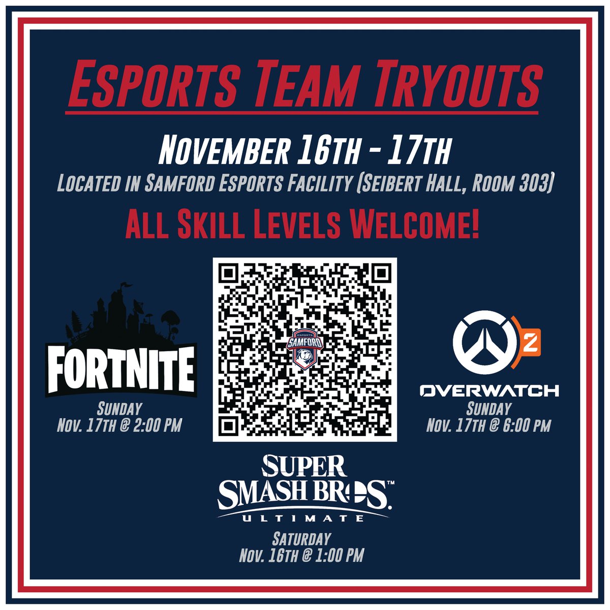 Samford University Esports (@samford_esports) on Twitter photo Think you have what it takes to compete? Tryouts for Samford's official Super Smash Bros., Overwatch 2, and Fortnite teams are this weekend! Register using the QR code below! Think you have what it takes to compete? Tryouts for Samford's official Super Smash Bros., Overwatch 2, and Fortnite teams are this weekend! Register using the QR code below!