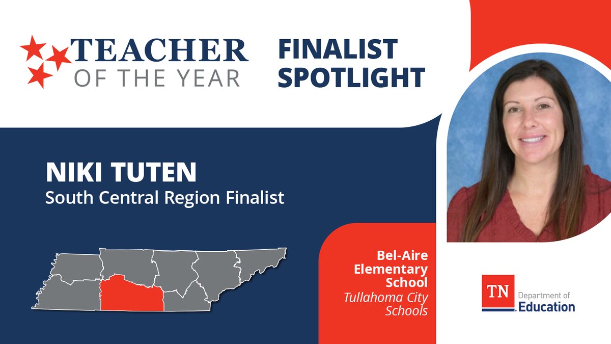 TN Dept of Education (@tnedu) on Twitter photo 2024-25 Teacher of the Year Finalist Spotlight: South Central Finalist Niki Tuten is an inspirational leader in <a href="/TCSPublic/">TullahomaCitySchools</a>, supporting, encouraging, and deeply caring for each of her students to reach their full potential and goals. 2024-25 Teacher of the Year Finalist Spotlight: South Central Finalist Niki Tuten is an inspirational leader in <a href="/TCSPublic/">TullahomaCitySchools</a>, supporting, encouraging, and deeply caring for each of her students to reach their full potential and goals.