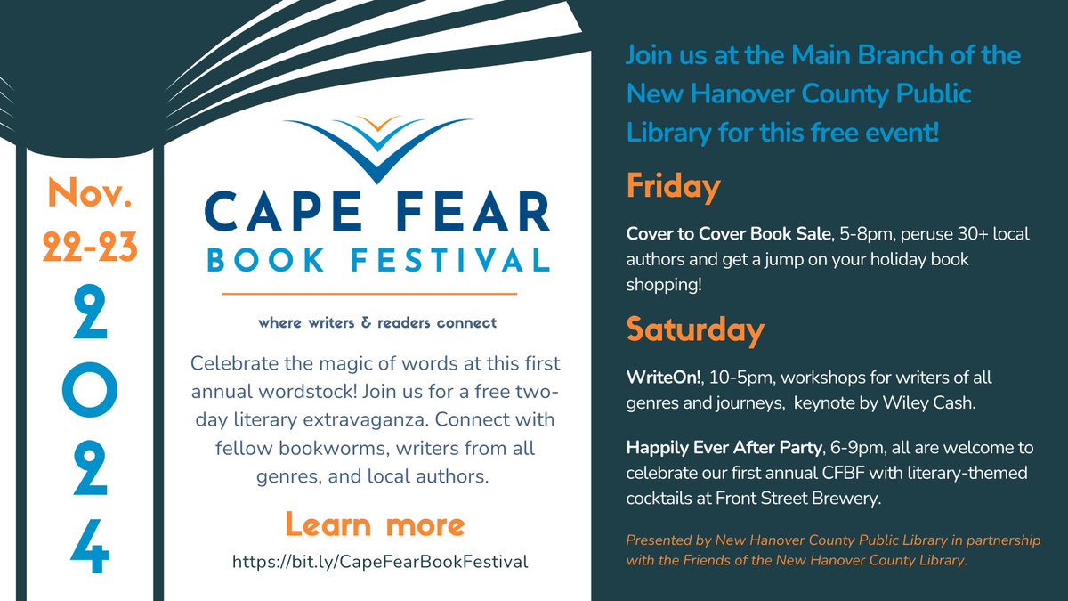 Celebrate the magic of words at this first annual wordstock!
Join us for a free two-day literary extravaganza. Connect with fellow bookworms, writers from all genres, and local authors. Learn more at bit.ly/CapeFearBookFe…