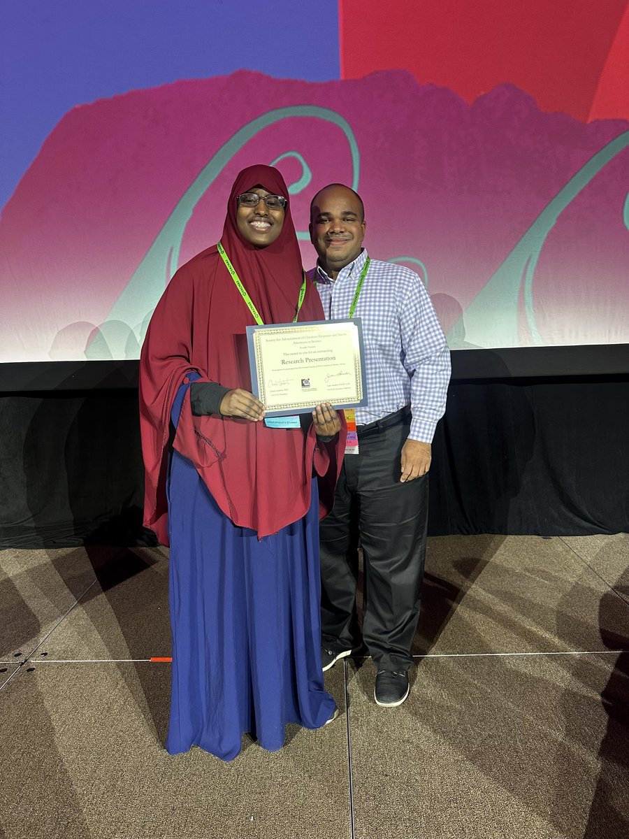 luisci22's tweet image. Proud mentor alert! Congratulations to undergraduate student Nimo Abdi for winning one of the best poster presentation awards at the 2024 SACNAS NDiSTEM conference! She did an amazing job and we are super proud of her!!! 🎉🎉🎉@RutterLab @UofUBiochem @HHMINEWS @PathMaker_HCI
