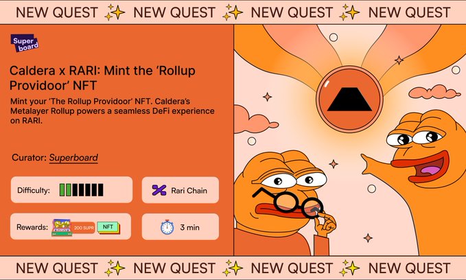 RARI x Caldera 🧡

Special opportunity for Caldera community to participate in RARI's DeFi Days campaign and mint the 'Rollup Providoor' NFT on <a href="/RariChain/">RARI Chain</a>.

Mint here: superboard.xyz/quests/mint-th…