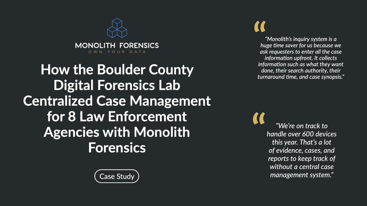 Monolith4n6's tweet photo. Before Monolith Forensics, Jeff and his team were using an Excel spreadsheet to track all the cases that they worked on. Their lab needed a central case management system to streamline the operations of the busy lab. 

Read this case study today! https://t.co/xbcPBg9Po8 https://t.co/kzxoGOiHbq