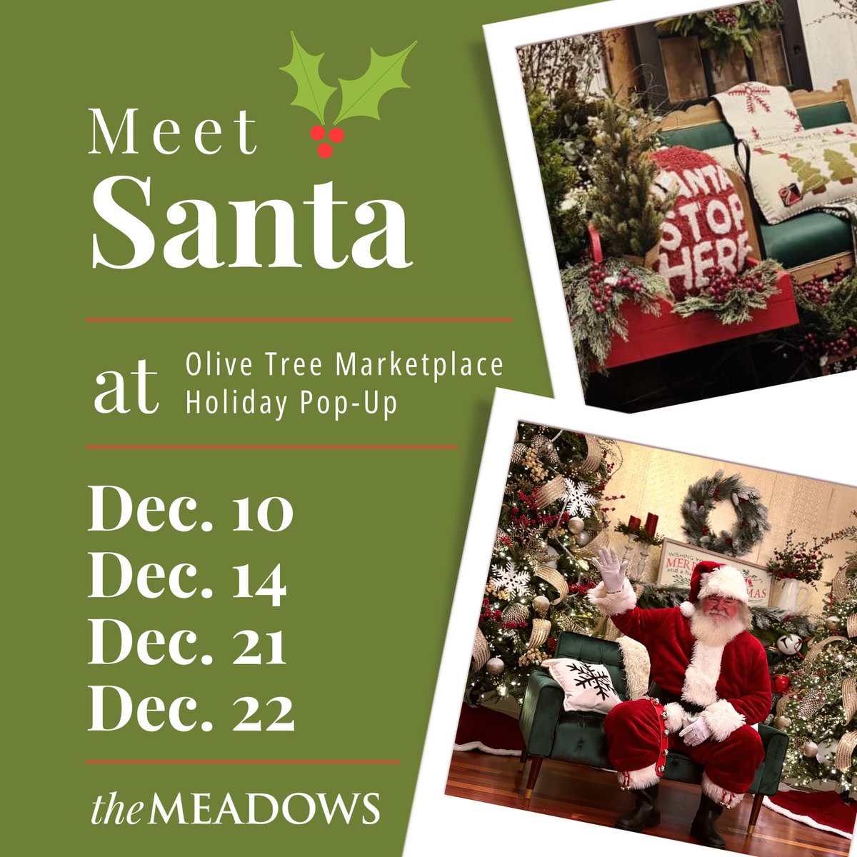 Santa Claus is coming to The Meadows!🎅📸 Santa will be available for free walk-in photo sessions at:
🗓️ 12/10 — 4-7pm
🗓️ 12/14 — 1-5pm
🗓️ 12/21 — 2-6pm
🗓️ 2/22 — 12-2:30pm &amp; 3:30-6:30pm

You can also book a professional photography appt. at shellenstephotography.pixieset.com/booking/.