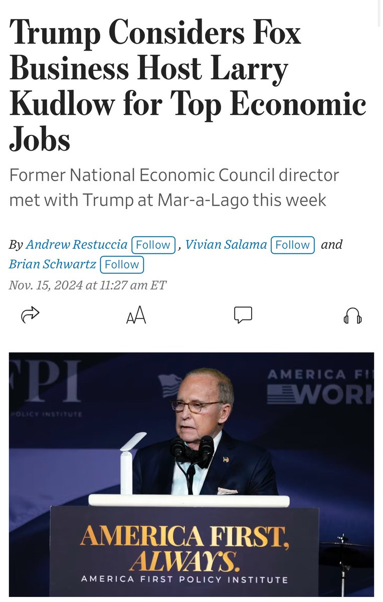 🇺🇸Donald Trump is considering naming Fox Business Network host Larry Kudlow to a senior economic policy role in his administration

But Larry is also: Former Deputy Director of the National Economic Council of the United States

So it’s a bit dishonest to call him a Fox host.
