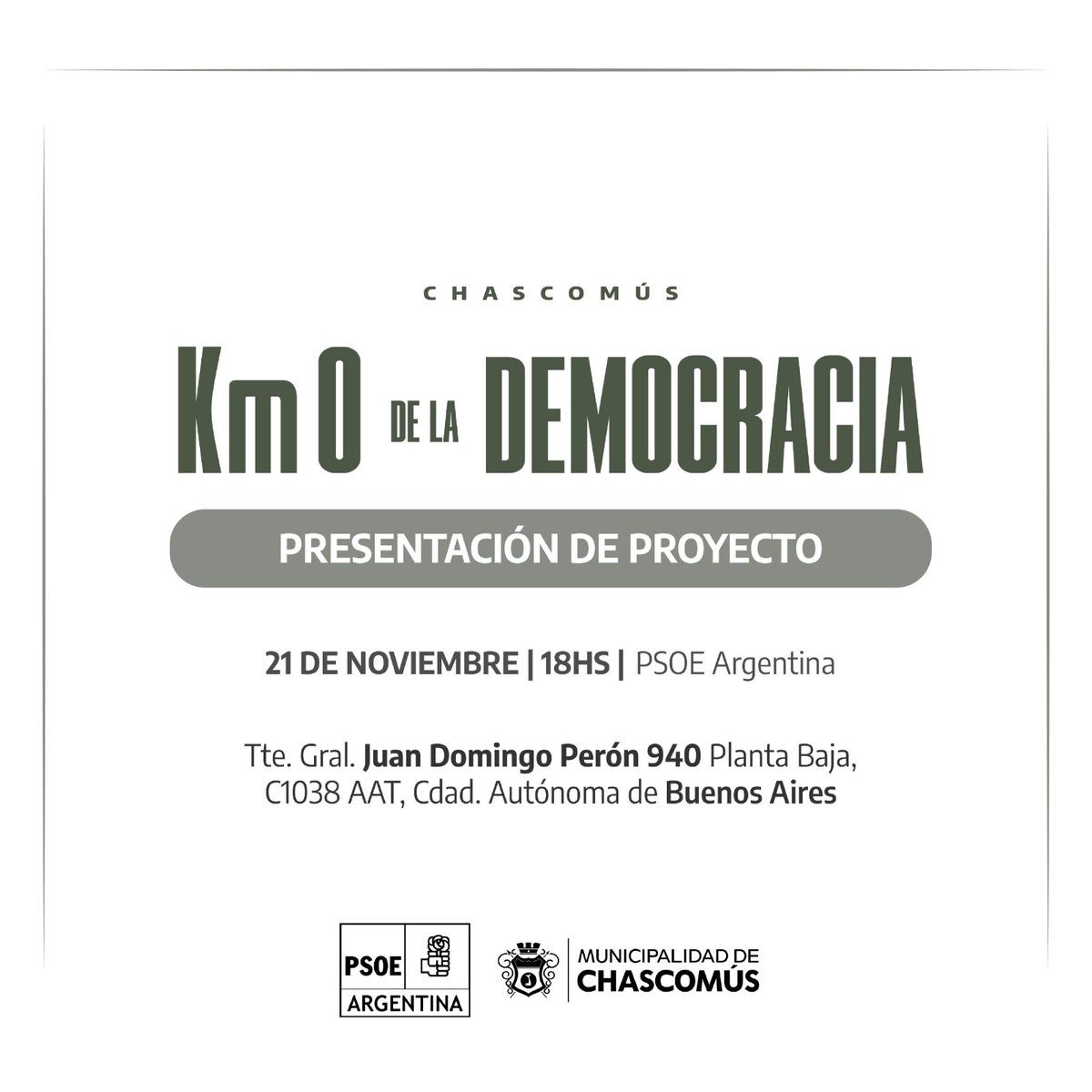 1/3 🇦🇷✨ El PSOE Argentina y la <a href="/ChascomusDe/">Municipalidad de Chascomús 2</a> invita a la presentación del proyecto "Chascomús Km 0 de la Democracia", que busca reafirmar los valores democráticos en tiempos de desafíos globales 💜