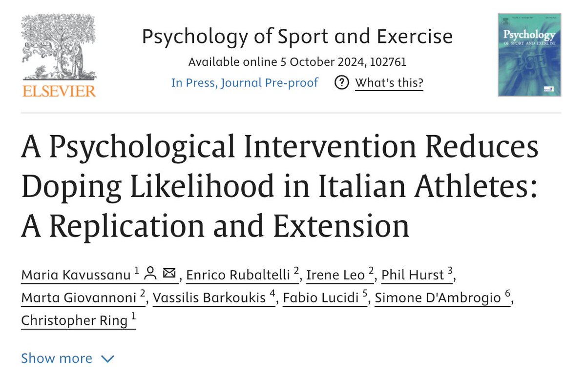 This study found that a psychological intervention &amp; a standard educational intervention were equally effective to prevent doping in young Italian athletes, replicating prior results in other countries, &amp; emphasizing the value of #antidoping interventions. sciencedirect.com/science/articl…