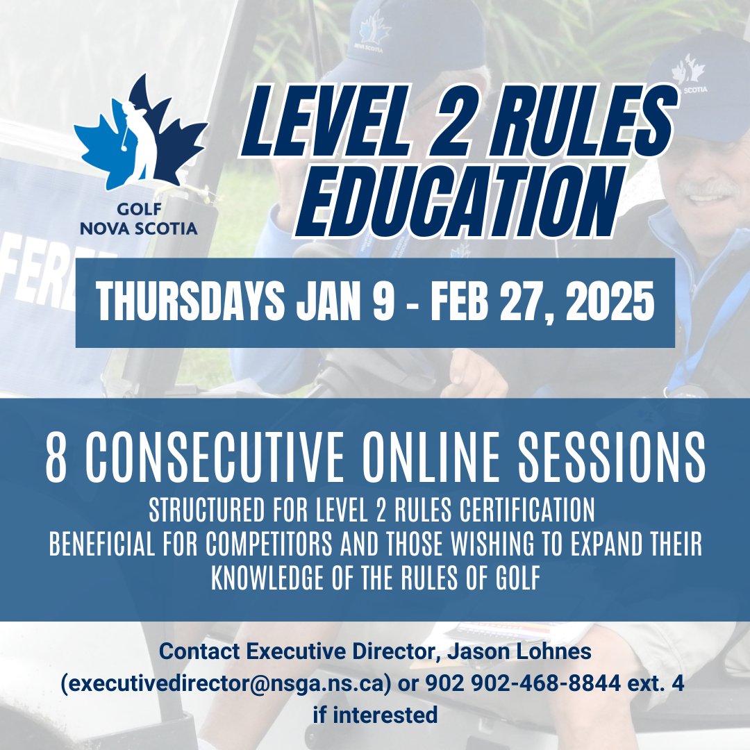 Online Level 2 Rules Education through Zoom starting in 2025.

Cost: Free
Date: Jan 9 - February 27 (Thursdays)
Time: 6:30pm (AST)

linktr.ee/golfnovascotia