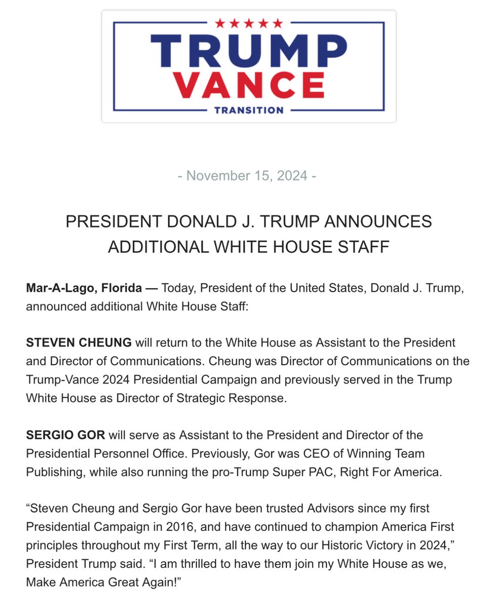 Karoline Leavitt (@karolineleavitt) on Twitter photo 🚨PRESIDENT DONALD J. TRUMP ANNOUNCES ADDITIONAL WHITE HOUSE STAFF
Congratulations <a href="/StevenCheung/">Steven Cheung</a> and <a href="/SergioGor/">Sergio Gor</a>! 🚨PRESIDENT DONALD J. TRUMP ANNOUNCES ADDITIONAL WHITE HOUSE STAFF
Congratulations <a href="/StevenCheung/">Steven Cheung</a> and <a href="/SergioGor/">Sergio Gor</a>!