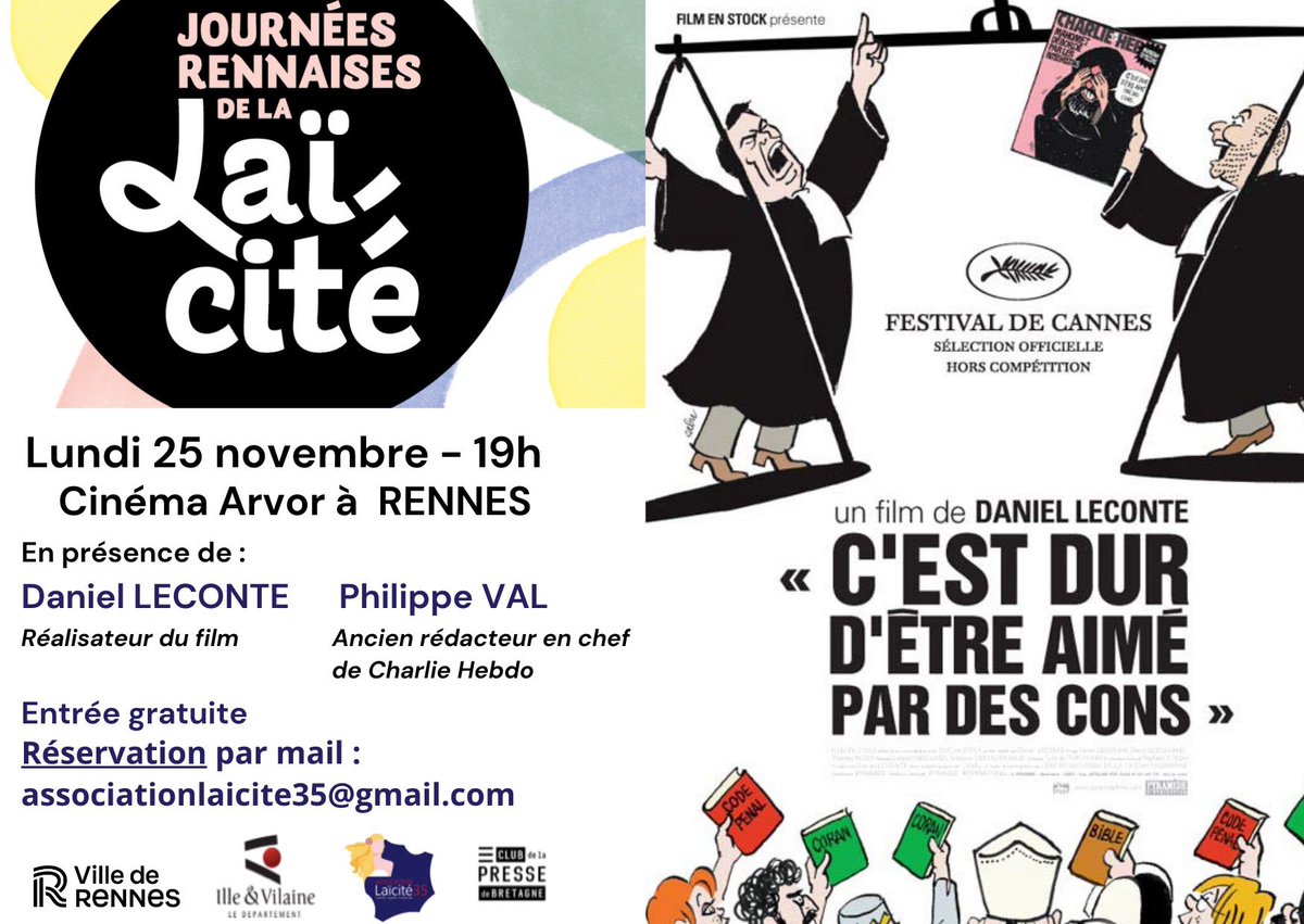 Le 25 novembre, au #cinéma Arvor à #Rennes - un ciné-débat #CharlieHebdo sur la liberté d’expression autour du film « C’est dur d’être aimé par des cons » en présence de Philippe Val et de Daniel Leconte 

C’est gratuit ! 

Réservation : associationlaicite35@gmail.com

🎬🍿🎥🖍️