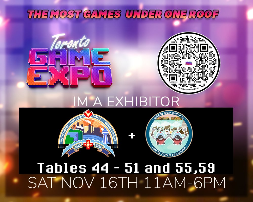We are going to be at @torontogameexpo on Saturday Nov 16th, showcasing 16 games from our community members. Come check us out...
#indiegames #videogames #niagara #hamilton #toronto #tge2024