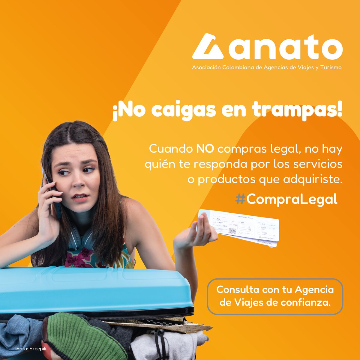 AnatoNacional's tweet photo. #CompraLegal | Poner en riesgo tu seguridad en medio de tus vacaciones, no es una opción. 🚫
👉Asegúrate de la veracidad de la empresa con la que vas a adquirir servicios turísticos.🔍
@PaulaCortesC https://t.co/Y8wFDw6xOM