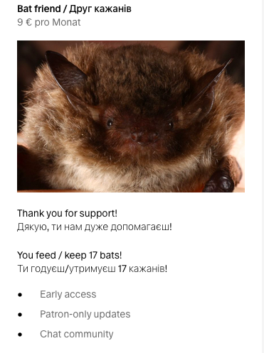 msabine900's tweet photo. 🦇🇺🇦 I'm a #BatFriend. One year ago I joined the PATRONS of @bats_ukraine as a #BatFriend. There are many ways to support Ukraine's iconic bat conservation organisation: as a #BatLover (3 USD / month), as a #BatFan (6 USD / month), etc. Find out more: https://t.co/2gXTlFvA4r 🇺🇦🦇 https://t.co/9EXH9iW7eA