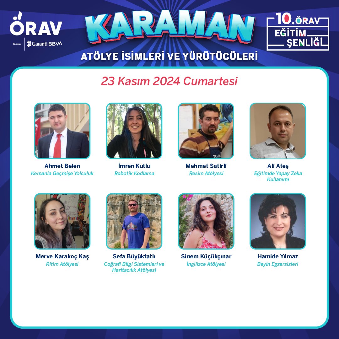 81 ilde başlayan 10. ÖRAV Eğitim Şenliğimiz tüm hızıyla devam ediyor! 💙

Bu yıl hashtag#ÖğretmenleOlur diyerek, geleceği şekillendiren öğretmenlerimizle buluşuyor, onlara ilham verici deneyimler sunuyoruz. Heyecan dolu atölyelerimiz, ilham veren konuşmalarımız ve unutulmaz