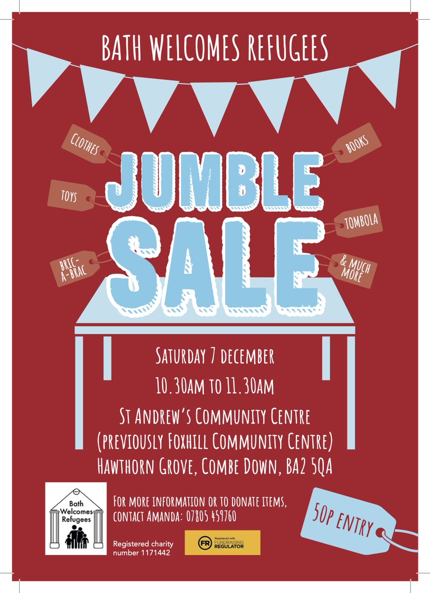 BathWelcomesRefugees (@bathrefugees) on Twitter photo A Bath Welcomes Refugees jumble sale is coming up!
Saturday 7 December at St Andrew’s Community Centre, Combe Down
Starts 10.30am and ends 11.30am - please note new times!
For more info or to donate items
📧 fundraising@bathwelcomesrefugees.org.uk
🎄 A Bath Welcomes Refugees jumble sale is coming up!
Saturday 7 December at St Andrew’s Community Centre, Combe Down
Starts 10.30am and ends 11.30am - please note new times!
For more info or to donate items
📧 fundraising@bathwelcomesrefugees.org.uk
🎄