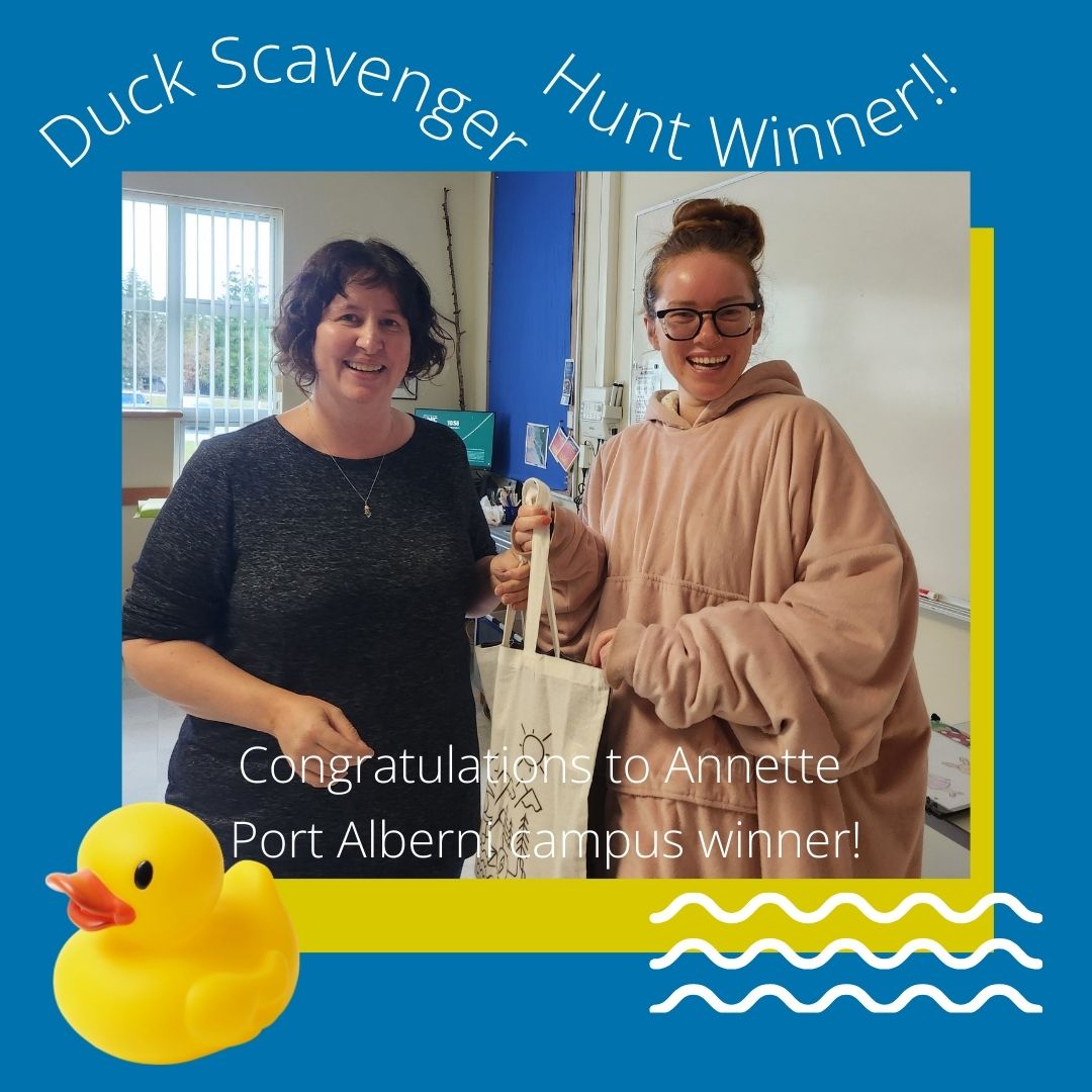 nic_library's tweet photo. Congratulations to Annette! Winner of the rubber duck scavenger hunt prize pack at the Port Alberni Library. Great job Annette! https://t.co/gfzEu5j956