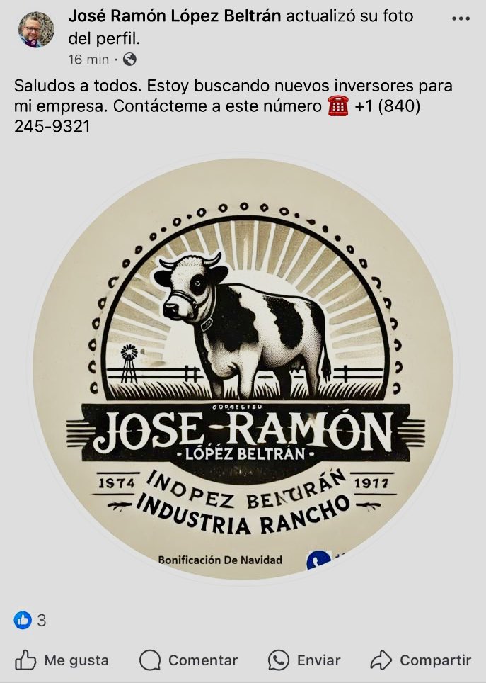 _JRLB_'s tweet photo. Está circulando una publicación en @facebook donde dicen que estoy buscando inversionistas y ponen un número de teléfono para que me contacten. Eso es totalmente falso. No estoy haciendo ninguna solicitud de ese tipo, así que si ven algo así, no le hagan caso.

A veces en estas benditas redes sociales se comparten cosas que no son verdad. Gracias por ayudar a parar o hacer caso omiso a estos rumores.