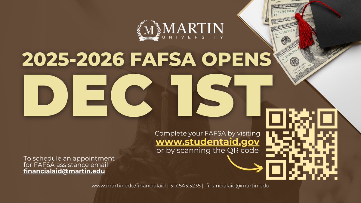 Mark your calendars! The Free Application for Federal Student Aid (FAFSA) opens on December 1st! Completing the FAFSA is essential. Students seeking federal financial aid must submit this form every year. For more information, visit: studentaid.gov/h/apply-for-ai…