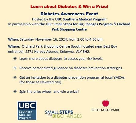 We're hosting a free public event to raise awareness about diabetes in the Okanagan region. If you know anyone who could benefit from this event, please help spread the word!
#DiabetesAwareness #Okanagan #Kelowna <a href="/UBC/">University of British Columbia</a>SMP @UBCmedicine @UBC <a href="/DiabetesCanada/">Diabetes Canada</a>