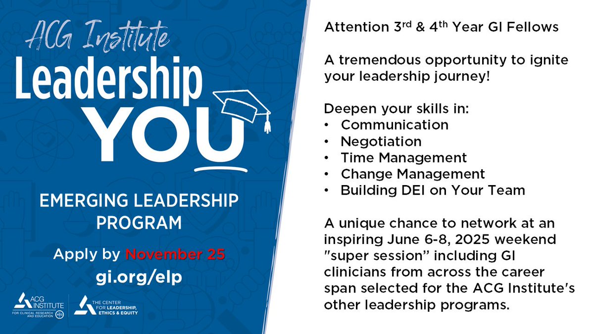 AmCollegeGastro's tweet image. Hello YOU! 

⏰Reminder: Applications for all the #ACGInstitute Leadership YOU programs are due TODAY, Friday, Nov. 15

➡️➡️EXCEPT ⬅️⬅️
🗓️Emerging Leadership Program for 3rd &amp;amp; 4th Yr #GIfellows #GIfellowship

‼️EXTENDED deadline for ELP is Monday, Nov. 25

gi.org/elp