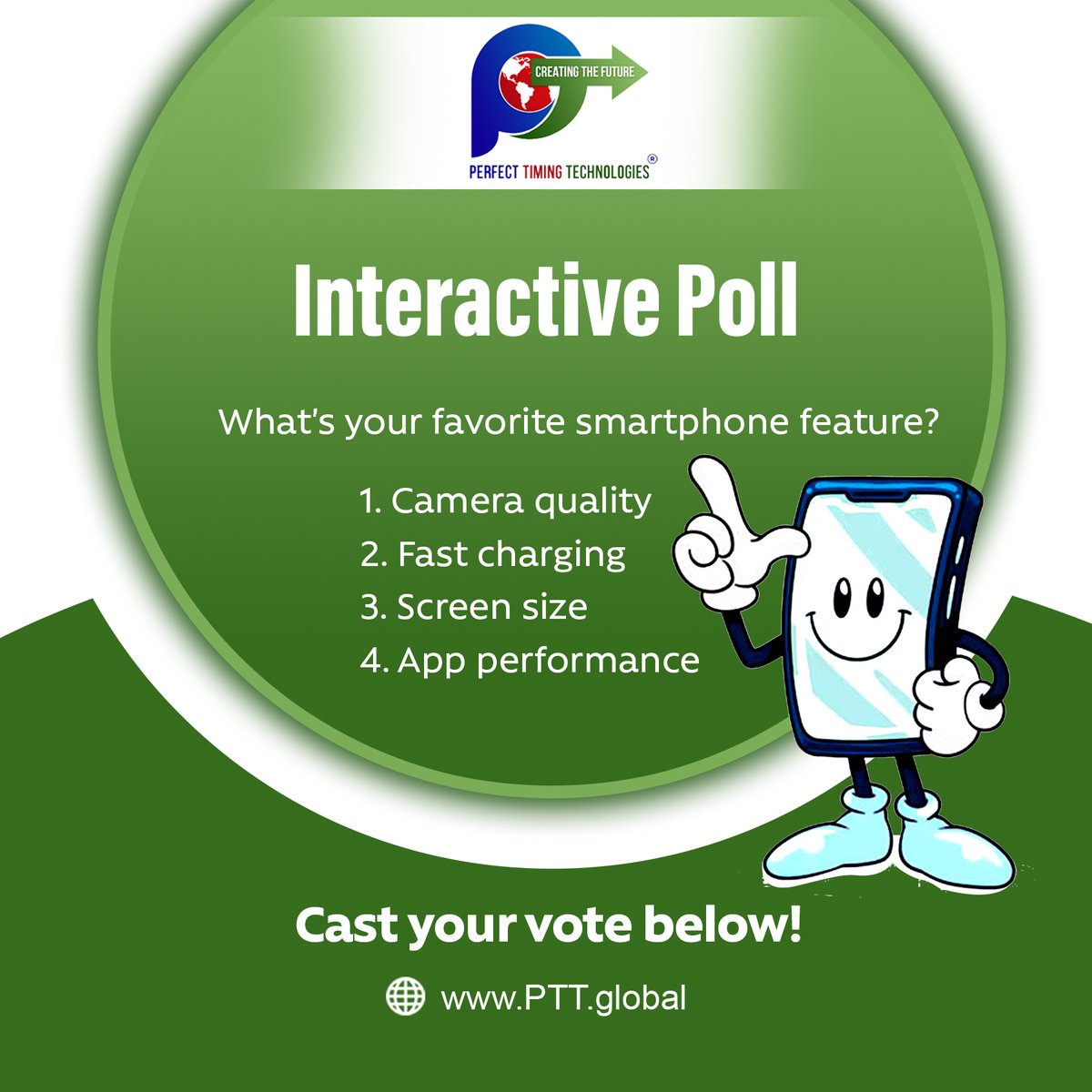 pttglobal's tweet image. Poll Time! Which feature matters most to you? Let us know your top priority!

#PerfectTimingTechnologies #SmartphoneFeatures #TechPoll #InteractivePoll #TechPreferences #BusinessSolutions #TechInnovation #DigitalChoices