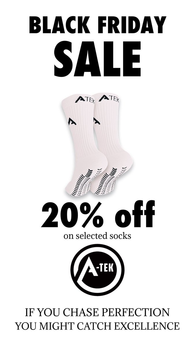 ‼️ATEK 20% OFF BLACK FRIDAY SALE‼️

Grab an early BLACK FRIDAY deal on selected ATEK Grip socks 

Trusted and worn by athletes all over the world 🌍 

SHOP NOW 👇🏻👇🏻👇🏻

atek.club/?_ab=0&_fd=0&_…