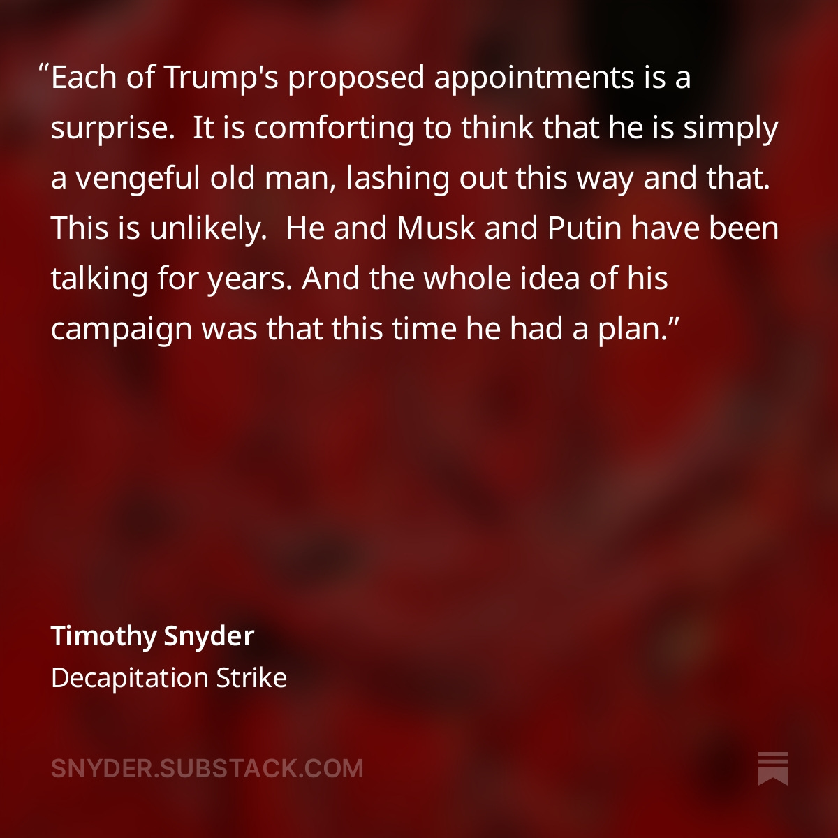 "Decapitation Strike: Preserving America from Trump's Appointments"
See link in profile or image below.