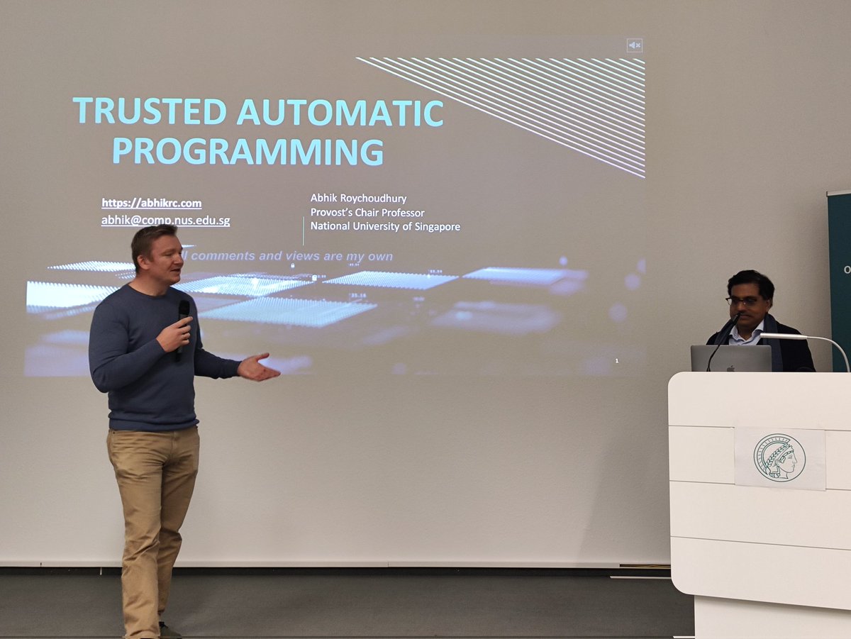 Jing Liu (fuzzing.bsky.social) (@fuzzjing) on Twitter photo It was great to attend <a href="/AbhikRoychoudh1/">Abhik Roychoudhury</a>'s MPI Distinguished Lecture "Trusted Automatic Programming" hosted by <a href="/mboehme_/">Marcel Böhme👨🔬</a>! Learned a lot about program repair in the "pre-LLM" era and their issue-based solution <a href="/autocoderover/">AutoCodeRover (now Sonar)</a> powered by LLM agents. It was great to attend <a href="/AbhikRoychoudh1/">Abhik Roychoudhury</a>'s MPI Distinguished Lecture "Trusted Automatic Programming" hosted by <a href="/mboehme_/">Marcel Böhme👨🔬</a>! Learned a lot about program repair in the "pre-LLM" era and their issue-based solution <a href="/autocoderover/">AutoCodeRover (now Sonar)</a> powered by LLM agents.