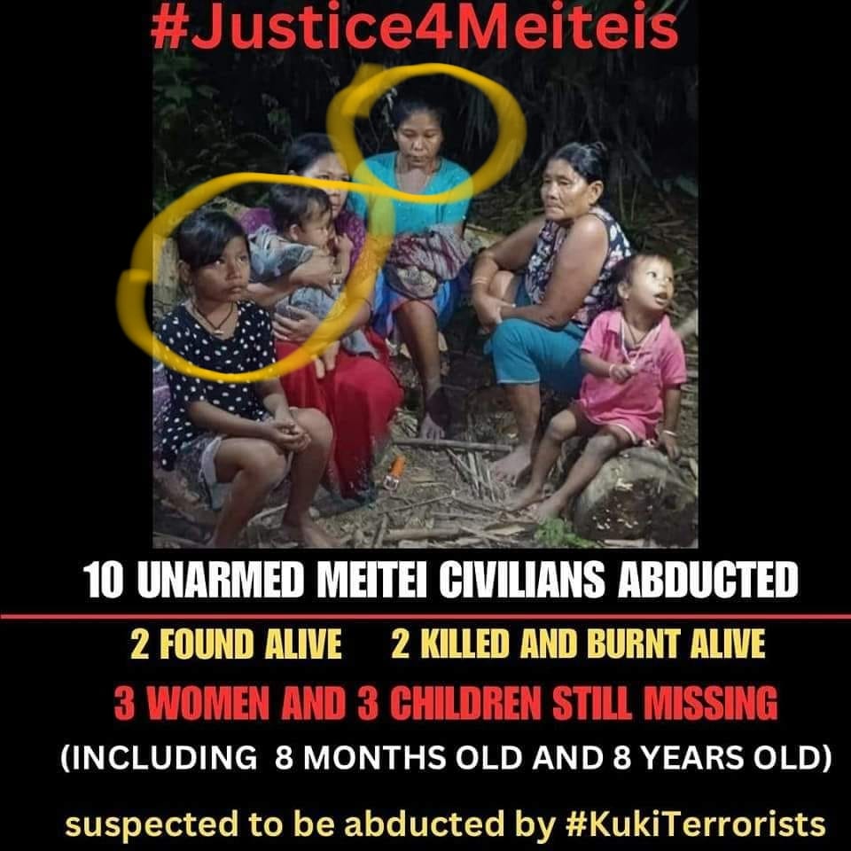 🚨#BREAKINGNEWS

#ManipurUnderAttack

Six Meiteis were abducted by #KukiNarcoTerrorists from the #Jiribam district of #Manipur. The bodies of three abducted Meiteis—two children and one woman—were recovered from the Barak River.

The bodies were brought to Silchar Medical College