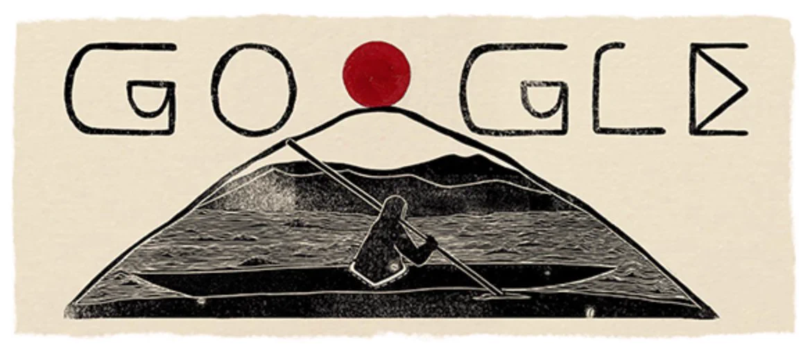 Illustration of the Google letters drawn with simple lines, in a minimalist style. A mountain with a red sun replacing the second "O" is drawn below the letters. In the foreground is a lake with a black silhouette of a person kayaking and holding a paddle.
