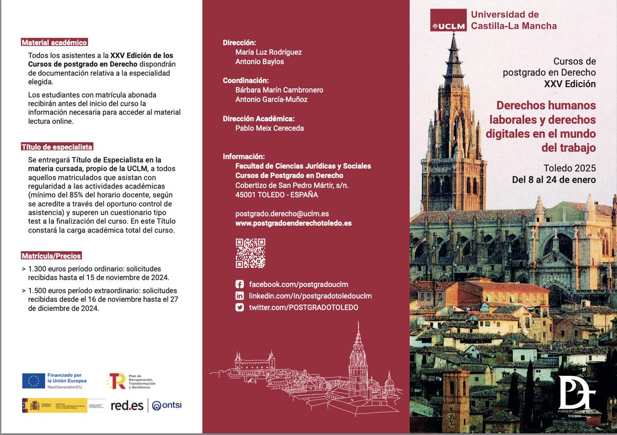 rodriguezluz_'s tweet photo. Queridas/os colegas de uno y otro lado del Atlántico, todavía estáis a tiempo de registraros en #CursoPostgrado sobre #Derechoshumanoslaborales y #Derechosdigitales en el #Trabajo, fruto de #C3923OT entre @redpuntoes y la @uclm. @DoctorBaylos y yo os esperamos en Toledo! https://t.co/yLBlzg5H0Z