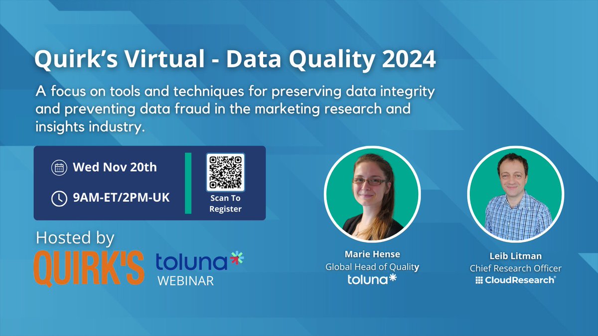 Curious about fraud detection in #onlineresearch? 
Don’t miss <a href="/TolunaCorporate/">Toluna</a>’s Marie Elisabeth Hense &amp; our own <a href="/leib_litman/">Leib Litman</a>  at Quirk's Virtual – #DataQuality 2024!  Nov 20 | 9 AM ET. 
Gain insights into fraud detection, cultural nuances, &amp; data cleaning!