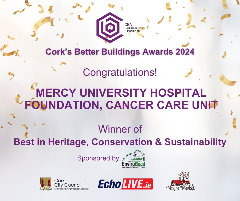 CBA Cork (@cba_cork) on Twitter photo We're staying with the "Best in Heritage, Conservation & Sustainability" category - sponsored by <a href="/envirobead/">Envirobead</a>.
Congratulations to this year's overall winner, <a href="/mercyfoundcork/">The Mercy Foundation</a> Cancer Care Unit! 🏆
#CorksBetterBuildings
<a href="/corkcitycouncil/">Cork City Council</a> | <a href="/echolivecork/">EchoLive.ie</a> | <a href="/MarinaMktCork/">Marina Market Cork</a> We're staying with the "Best in Heritage, Conservation & Sustainability" category - sponsored by <a href="/envirobead/">Envirobead</a>.
Congratulations to this year's overall winner, <a href="/mercyfoundcork/">The Mercy Foundation</a> Cancer Care Unit! 🏆
#CorksBetterBuildings
<a href="/corkcitycouncil/">Cork City Council</a> | <a href="/echolivecork/">EchoLive.ie</a> | <a href="/MarinaMktCork/">Marina Market Cork</a>