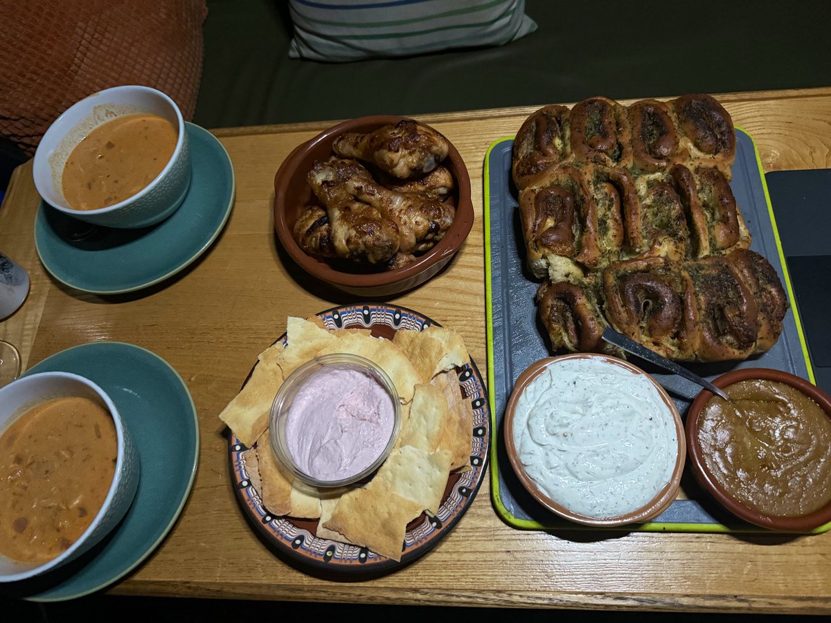 NeverTwoLate1's tweet photo. One of our favourite meals. Today was savoury rolls, satay chicken, chicken & corn chowder, whipped feta and taramasalata.
#tastyfood
#pickytea
#homecooking
#narrowboatcooking https://t.co/fkJvolEtN4