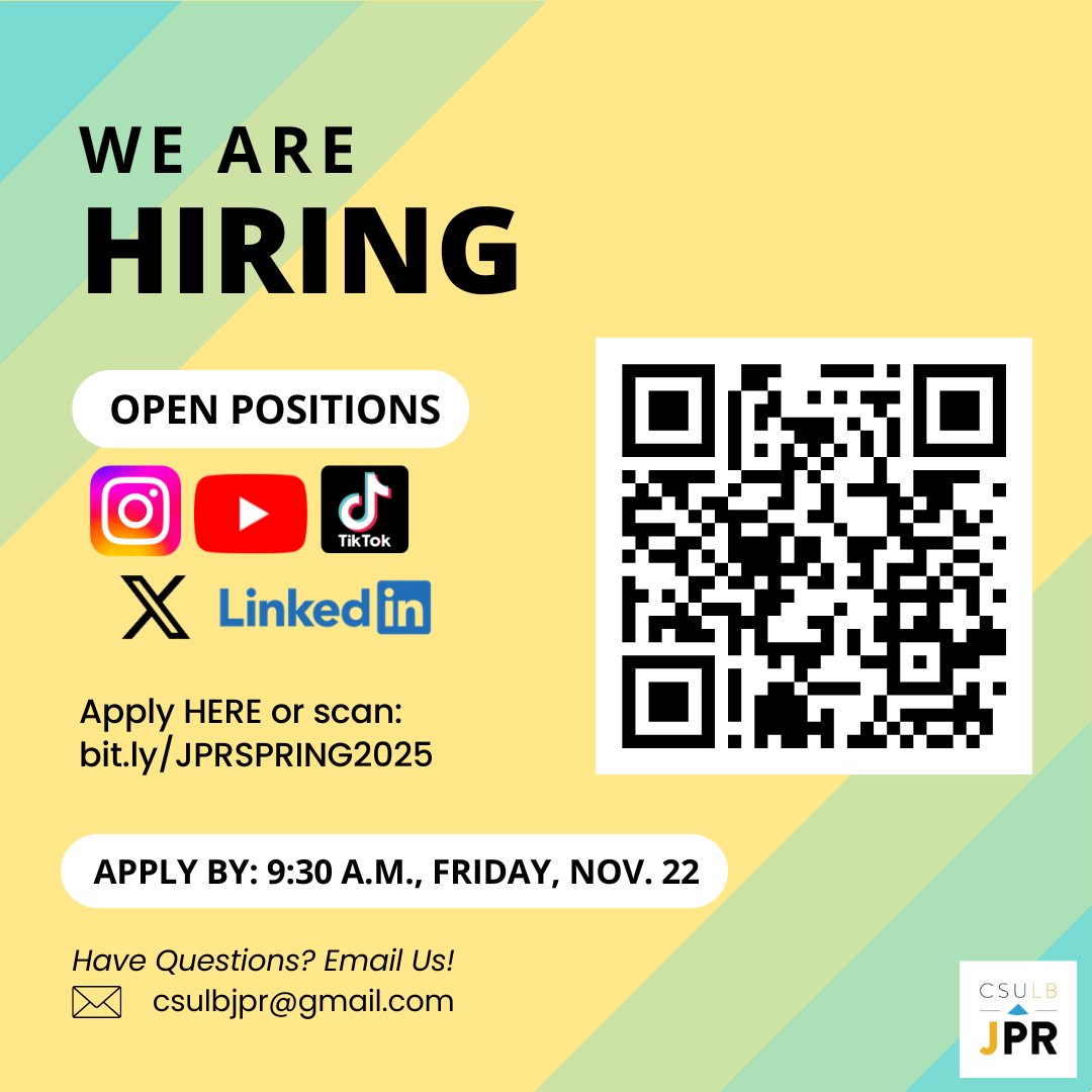 🚨 Creatives wanted! 🚨

Join the Spring 2025 JPR Social Media Team! No experience needed—just passion and a love for social media. 🌟

Apply by 11/22, 9:30 a.m. via the link in bio!

#JPRSocialMediaTeam #Spring2025 #Internship #ApplyNow