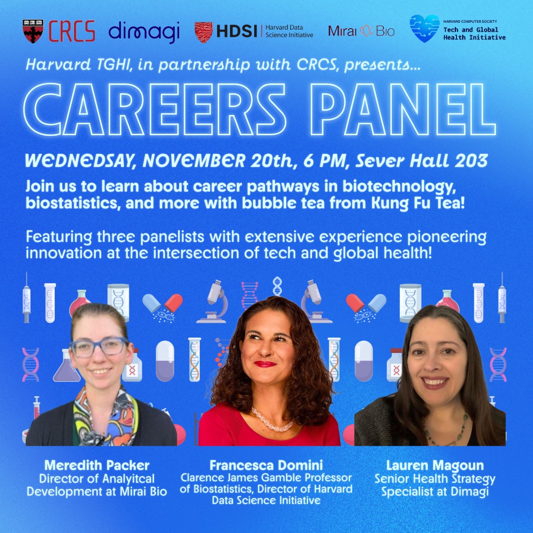 HCRCS's tweet image. 🚀 Curious about careers in #Biotech, #Biostatistics, + #GlobalHealth? Join @HarvardTGHI&apos;s Careers Panel on 11/20 at 6 PM in Sever Hall 203!

Learn from Meredith Packer, Francesca Domini, &amp;amp; Lauren Magoun &amp;amp; enjoy bubble tea from Kung Fu Tea! 🧋 

Register: forms.gle/pWTm5Td1fNv6N1…