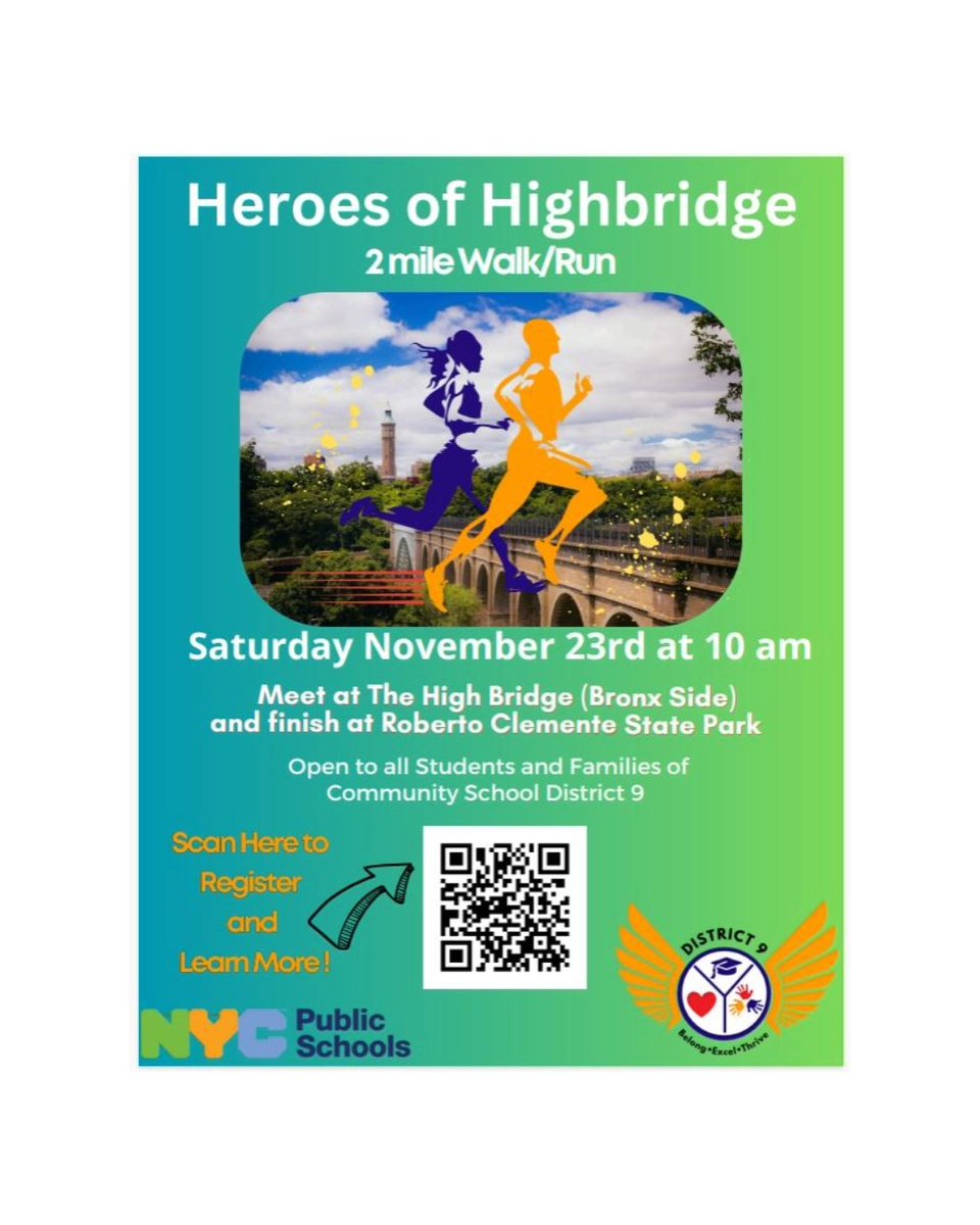 District 9 students and families: Get your kicks on and head into Thanksgiving week with a healthy run or walk on 11/23. 🦃 Shout-out to <a href="/csd9bronx/">NYCDistrict9</a> for your efforts to expand physical activity for your community! Register w/QR code.