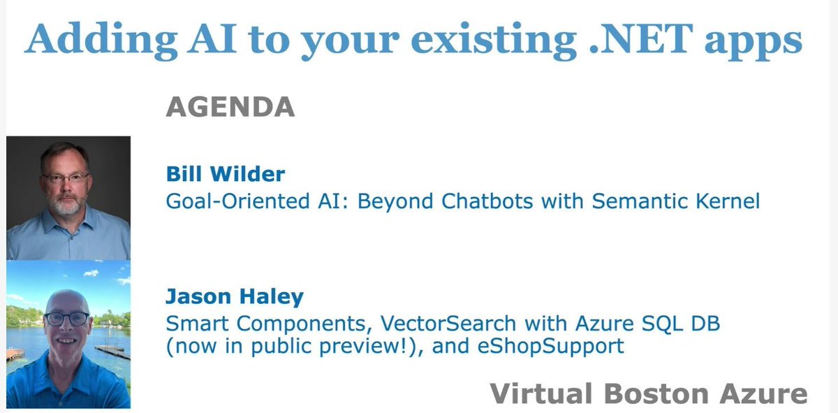 haleyjason's tweet image. I just posted my notes from today&apos;s lunchtime #VirtualBostonAzure talk on adding GenAI to .NET applications: jasonhaley.com/2024/11/15/nov…

The recording is also available at: youtu.be/FYWJU7LBi8k 
 #AzureSQL #dotnet #SemanticKernel #EFCore