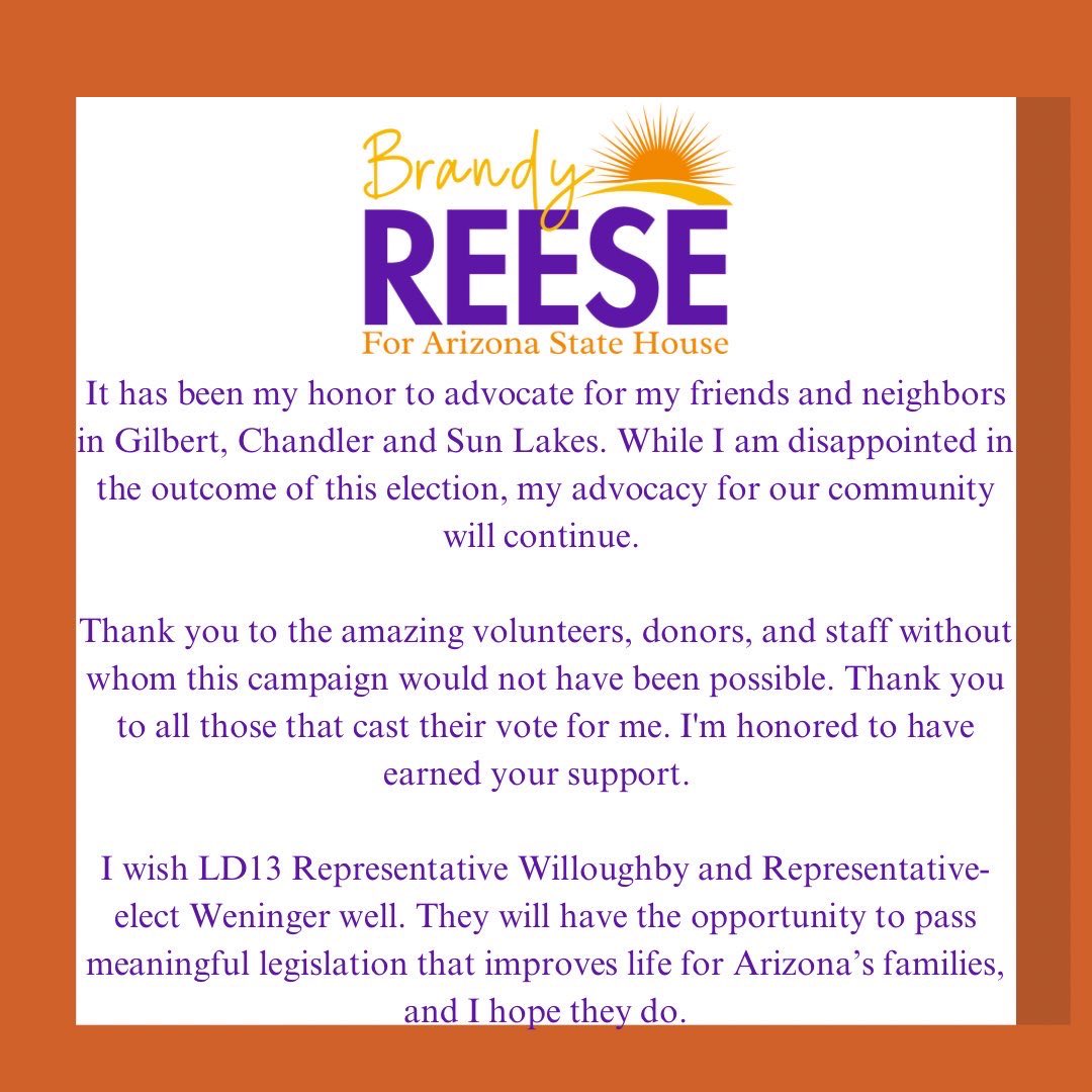 While this was not the result we wanted, the fight for a better Arizona is not over. Thank you to everyone who supported my campaign and I wish the best of luck to my opponents.
