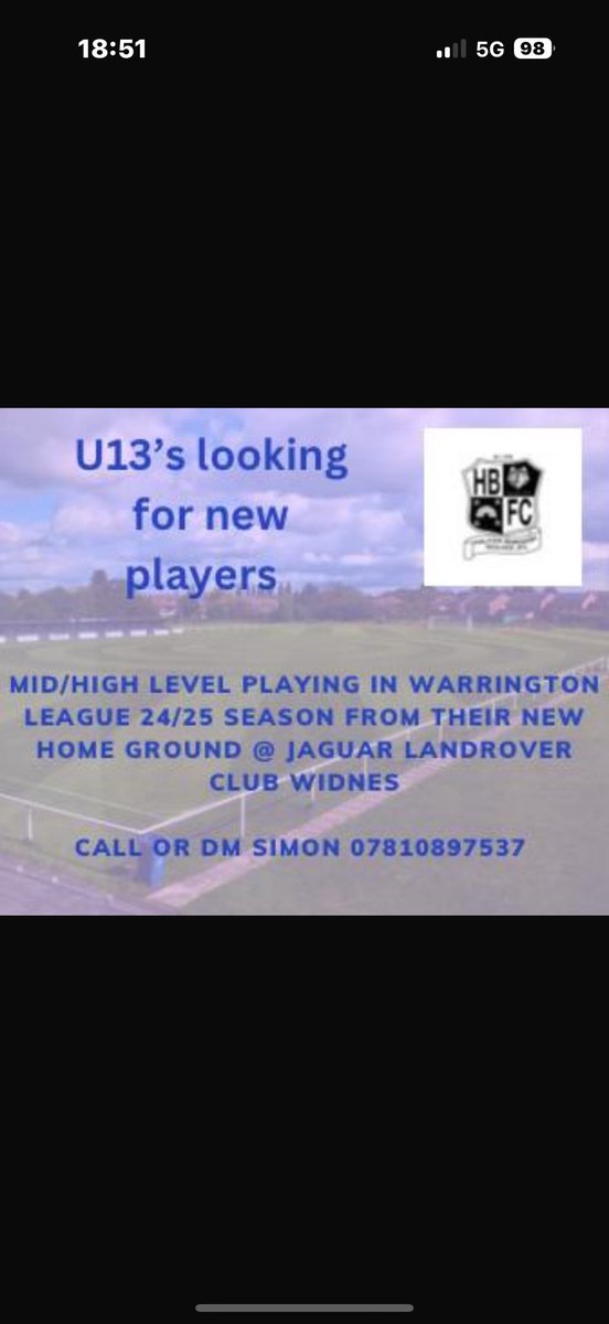Our Halton Borough Saturday team u13s is looking for a new player. Medium/High level. Please message if interested 👍🏻⚽️