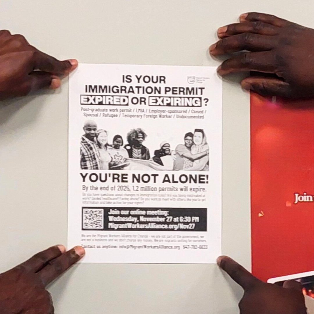 👀 Have you seen these posters up in your neighbourhood? MWAC outreach teams are hard at work getting the word out about our online mass meeting on November 27!

✅ Don't miss out - sign up now: migrantworkersalliance.org/nov27