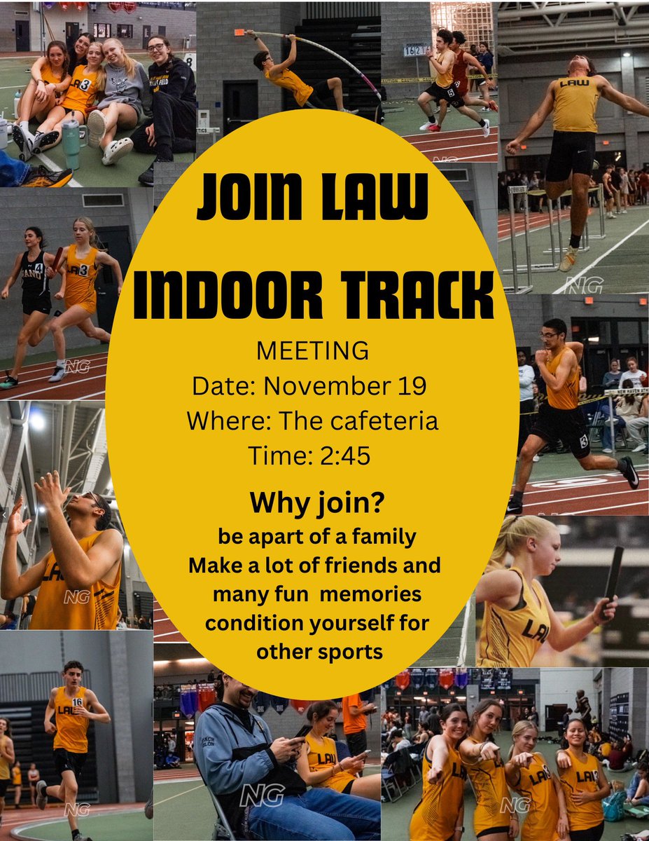 🚨‼️JOHNATHAN LAW INDOOR TRACK MEETING🚨
Anyone that is interested in joining there will be a meeting 
November 19 at 2:45 in the cafeteria!!