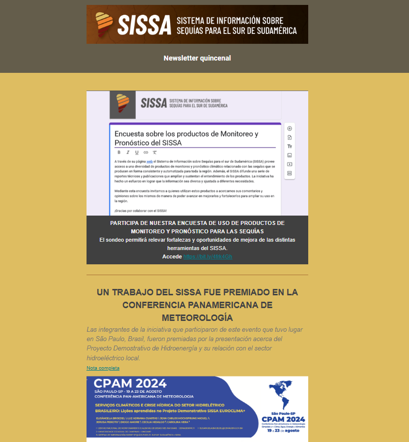 CRC_SAS's tweet image. 🔶 ¡Nueva newsletter del #SISSA! Conoce todas las novedades y el panorama completo sobre #sequías en el sur de Sudamérica. 🌎
Accede aquí bit.ly/3UUgD2B a la edición de la 1era quincena de noviembre y suscríbete para recibir este boletín en tu correo.