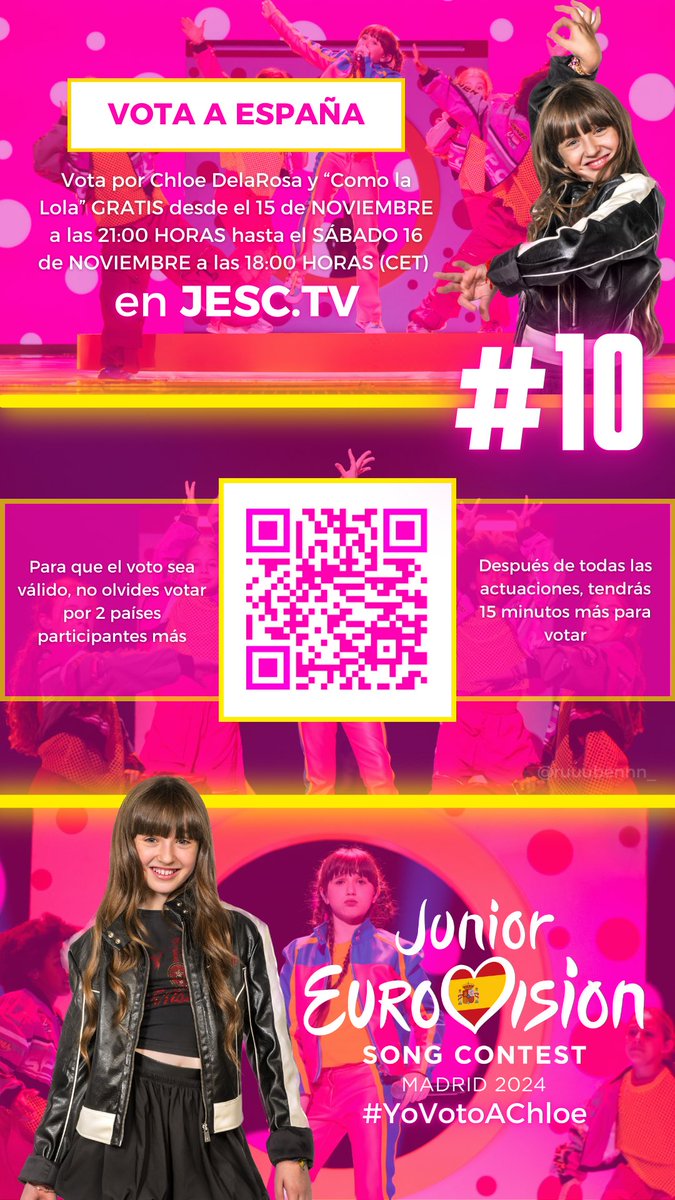 ruuubennn_'s tweet image. ¡ES EL MOMENTO!💥 
Unámonos y consigamos que Chloe DelaRosa y “Como La Lola” otorguen a España la segunda victoria en Eurovisión Junior 🇪🇸 

Comparte estos carteles entre tus allegados para que obtengamos la mayor cantidad posible de votos 🗳️ 

#YoVotoAChloe #JESC2024 #Letsbloom